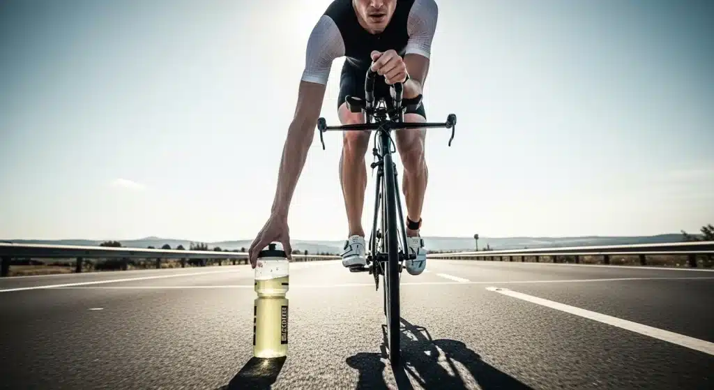 Triathlète en position aéro sur son vélo attrapant un bidon de boisson isotonique jaune pâle