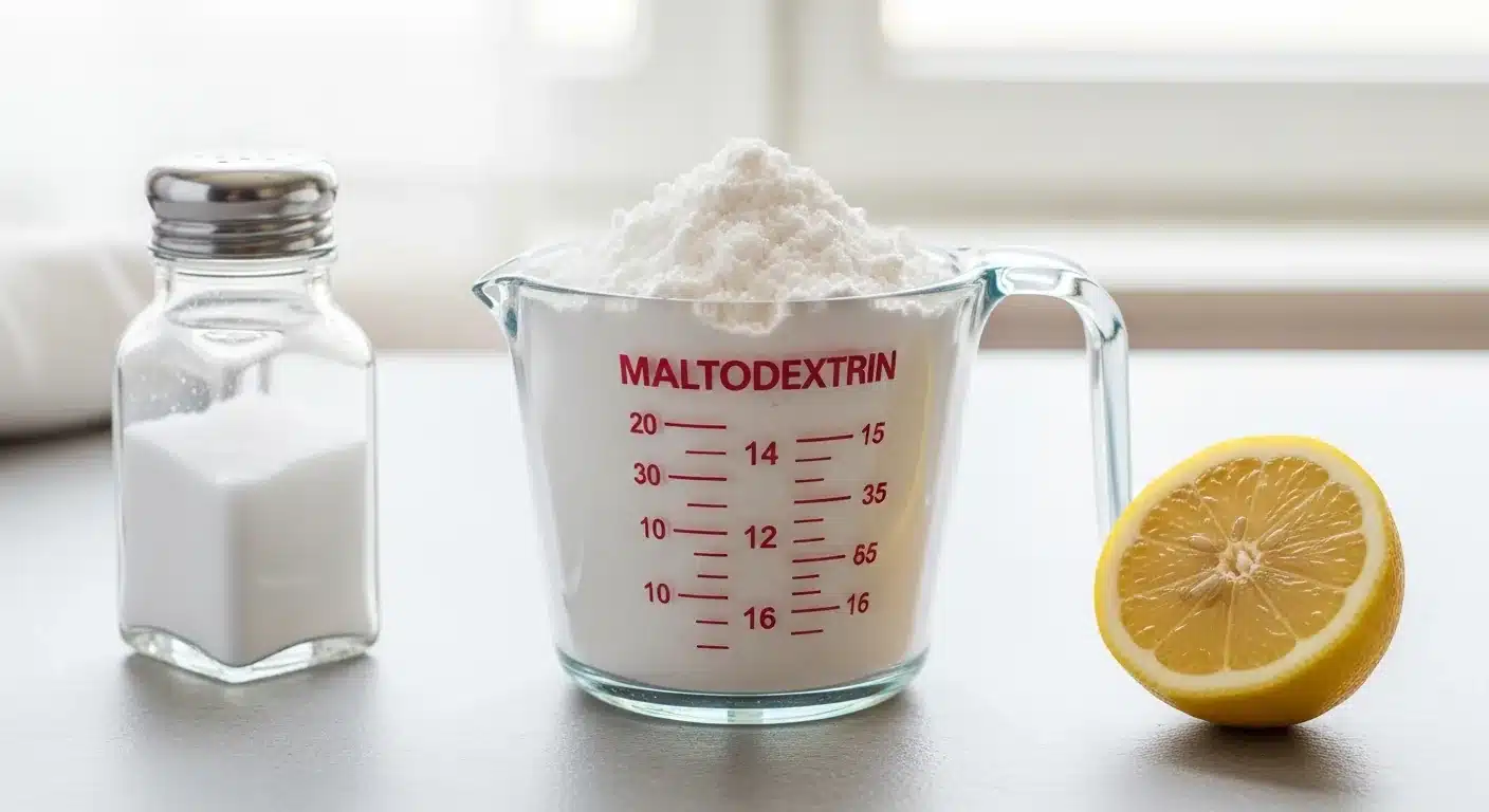 Ingrédients pour préparer une boisson isotonique maison : maltodextrine, citron et sel sur comptoir