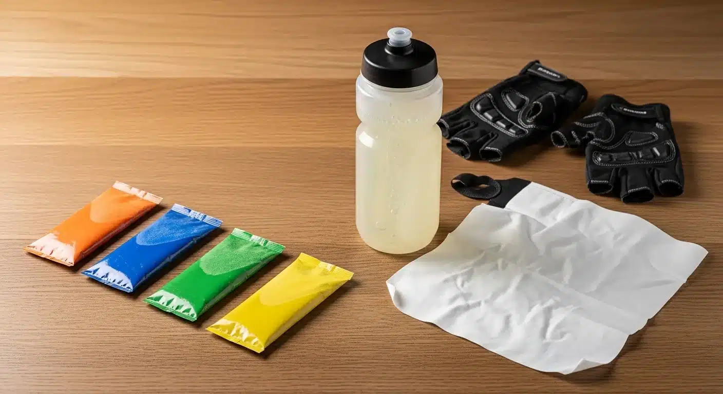 Sachets de boissons énergétiques et bidon de boisson isotonique posés sur une table avec équipement triathlon