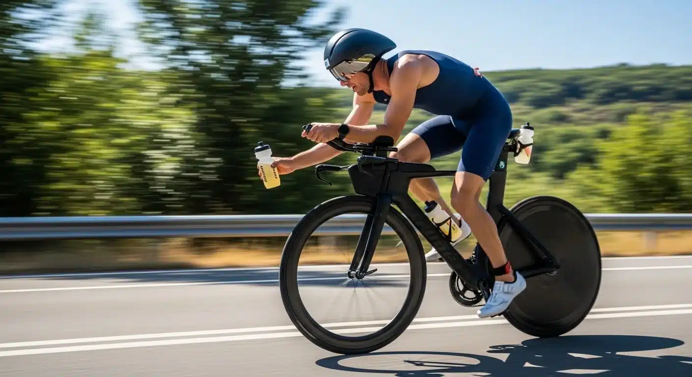 Triathlète en position aéro sur son vélo qui saisit une bouteille de boisson isotonique