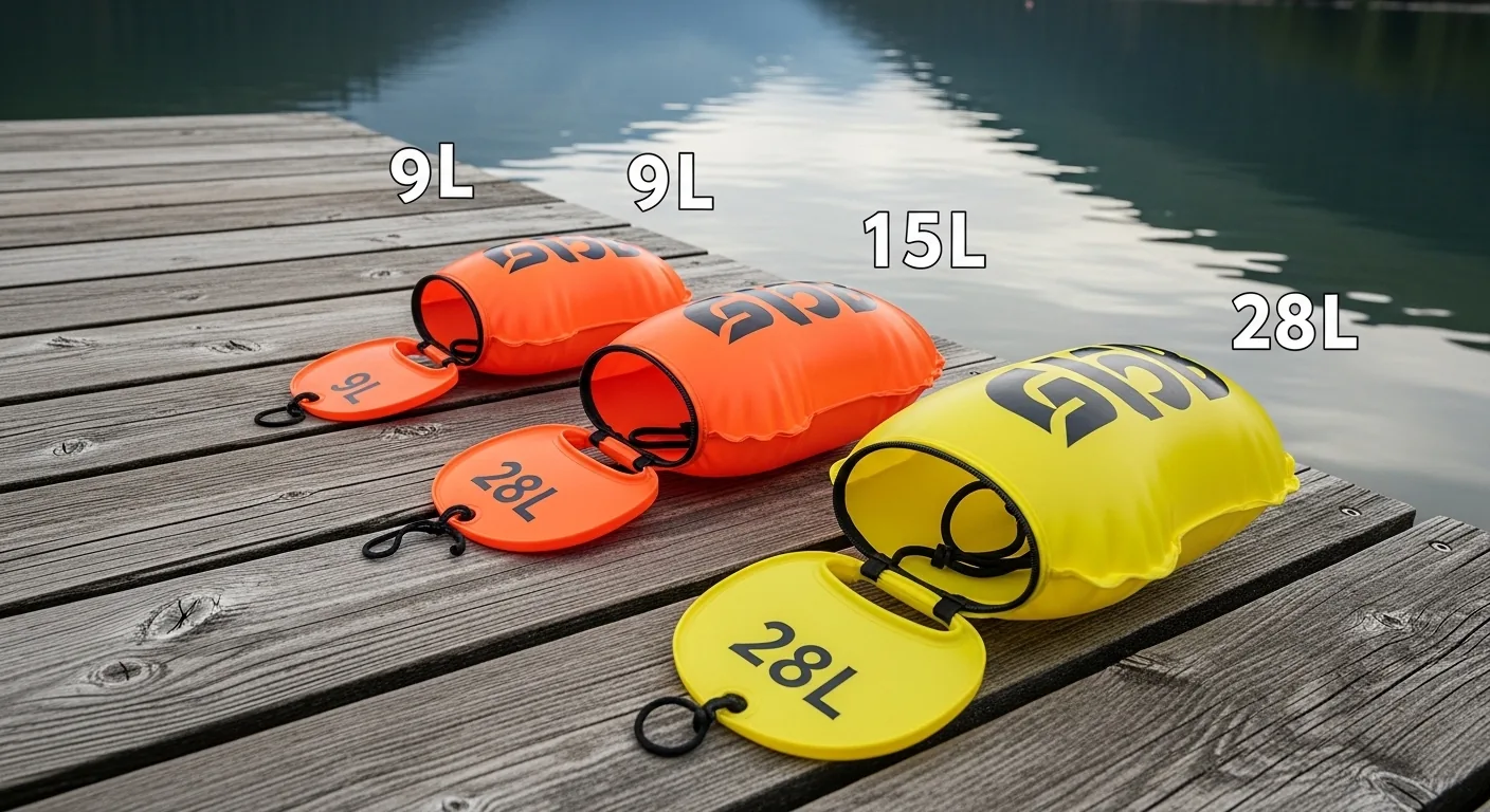 Comparatif de trois bouées nage eau libre de différentes tailles posées sur un ponton en bois au bord d'un lac