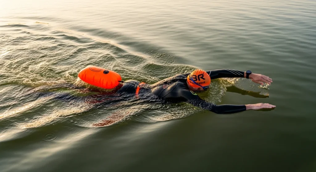 Triathlète nageant en eau libre avec sa bouée de sécurité orange lors d'un entraînement en lac au lever du soleil