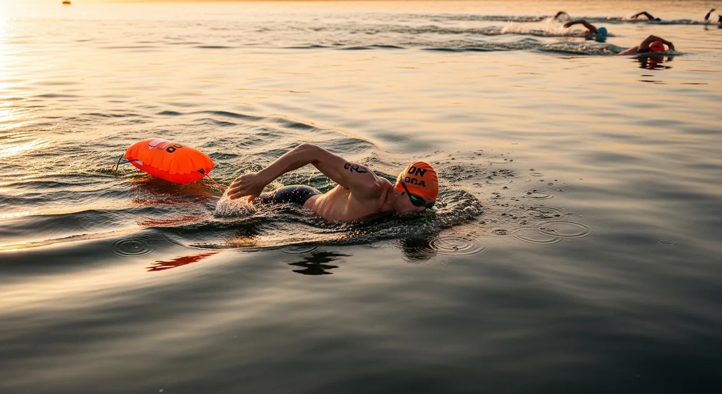 Triathlète nageant en eau libre avec sa bouée de sécurité orange attachée à la taille au lever du soleil