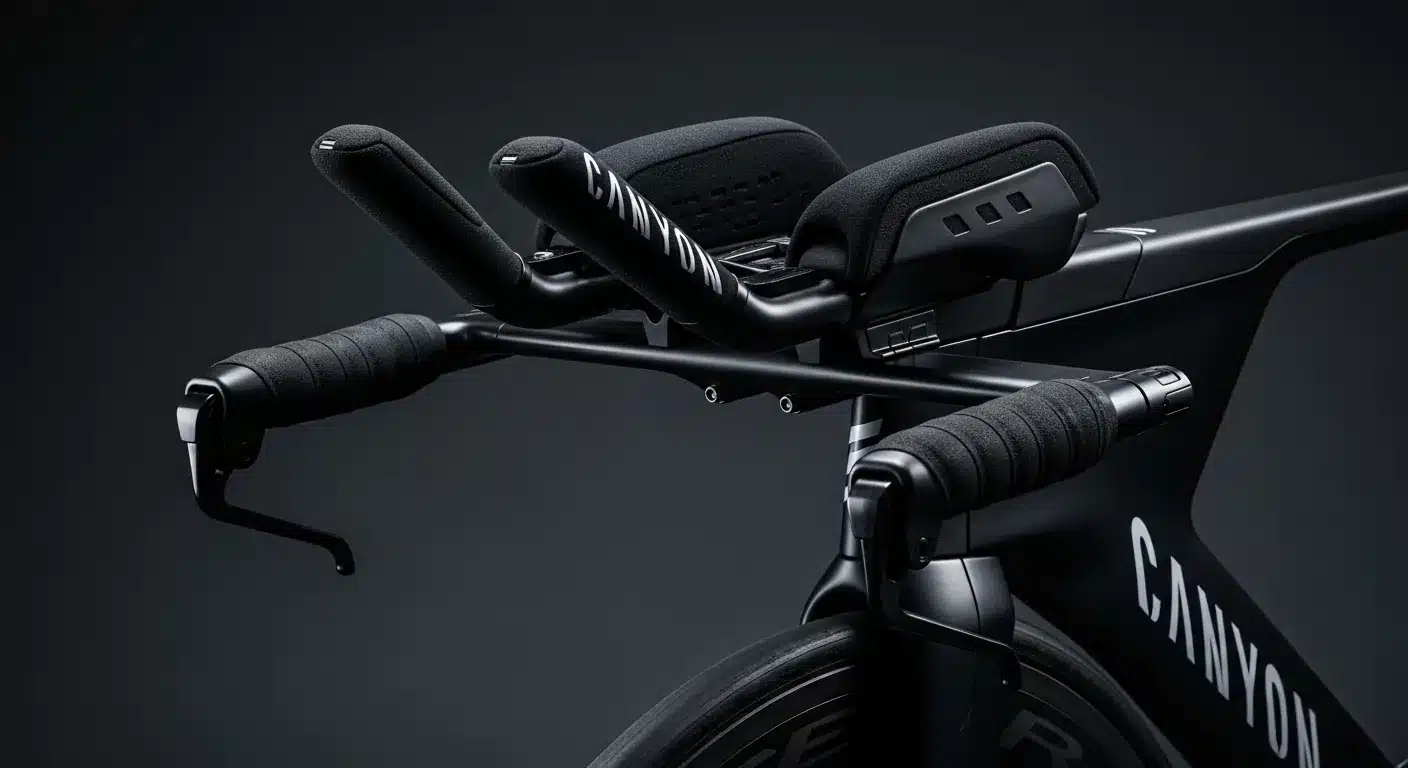 Gros plan du cockpit intégré du Canyon Speedmax CFR avec appuis-coudes et extensions réglables