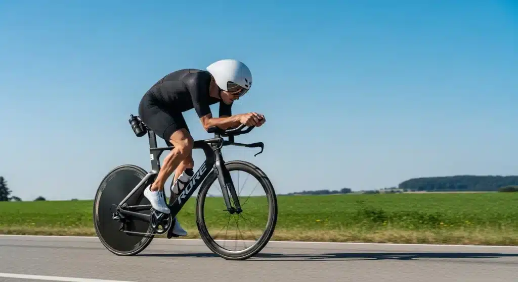 Triathlète en position aéro sur un vélo triathlon Canyon sur route fermée lors d'un Ironman