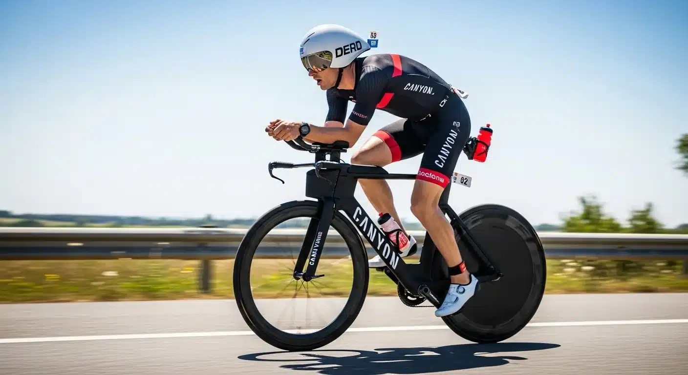 Triathlète en position aéro sur un Canyon Speedmax lors d'une course Ironman sur route fermée
