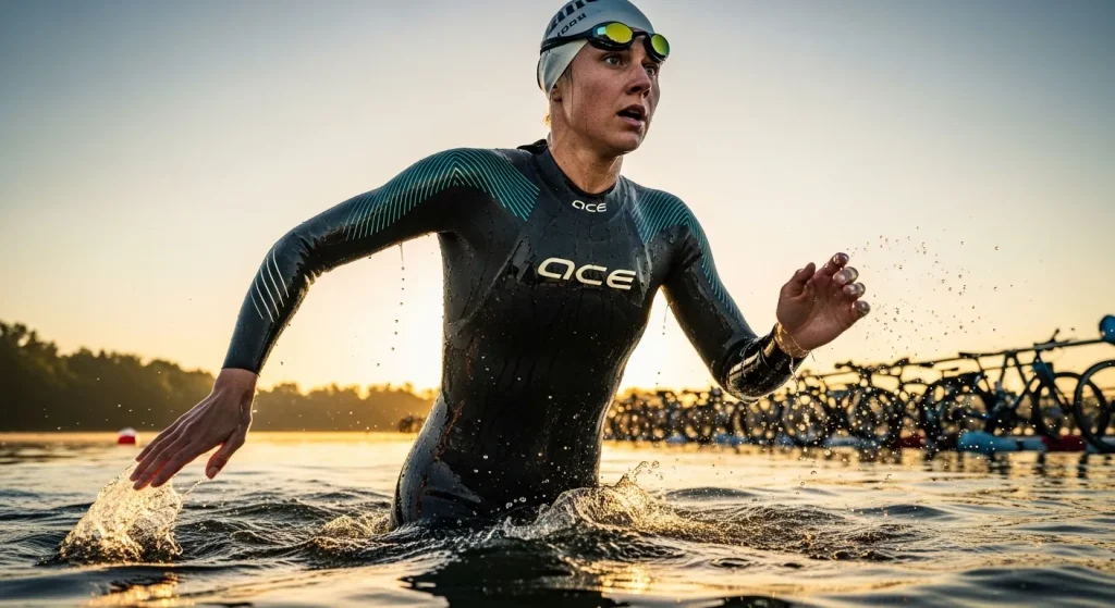 Triathlète féminine en combinaison néoprène sortant d'un lac à l'aube lors d'un triathlon