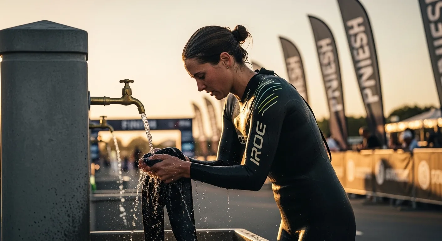 Triathlète rinçant sa combinaison néoprène à l'eau douce après une course de triathlon
