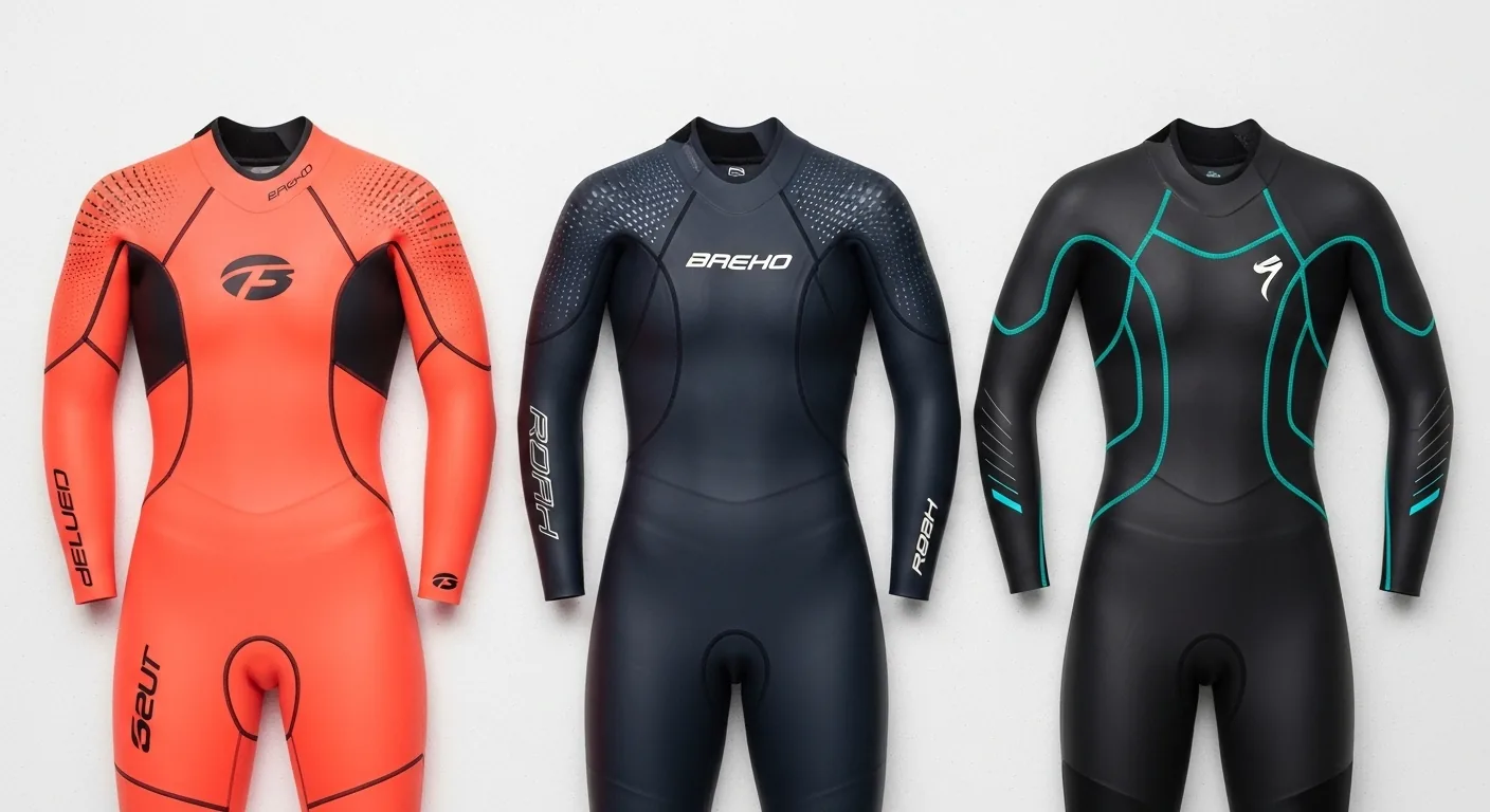 Trois combinaisons triathlon femme de marques différentes posées côte à côte pour comparaison