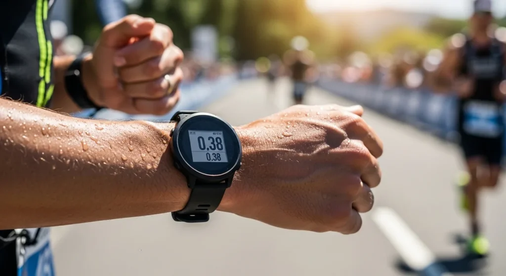 Gros plan sur le poignet d'un triathlète portant une montre GPS ultralégère Coros Pace 2 lors d'une course