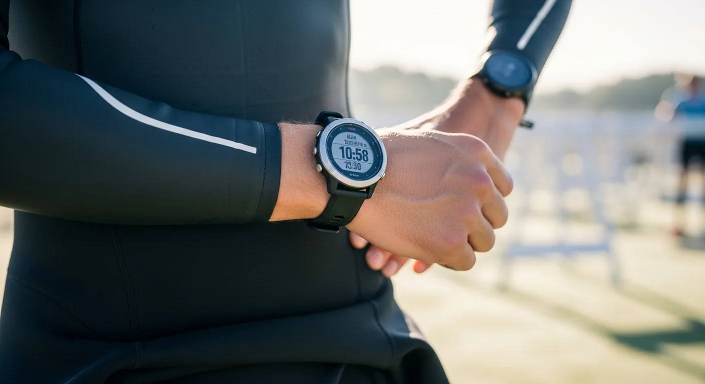 Triathlète en zone T1 poignet levé avec montre GPS après la sortie de l'eau au lever du soleil