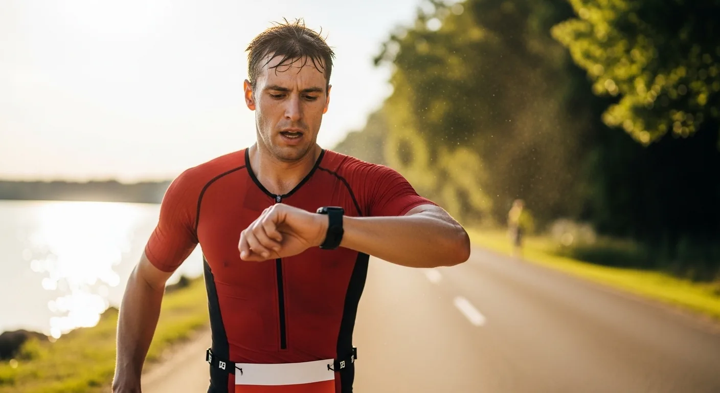 Triathlète masculin en maillot rouge contrôlant sa montre GPS pendant la portion course d'un triathlon au bord d'un lac