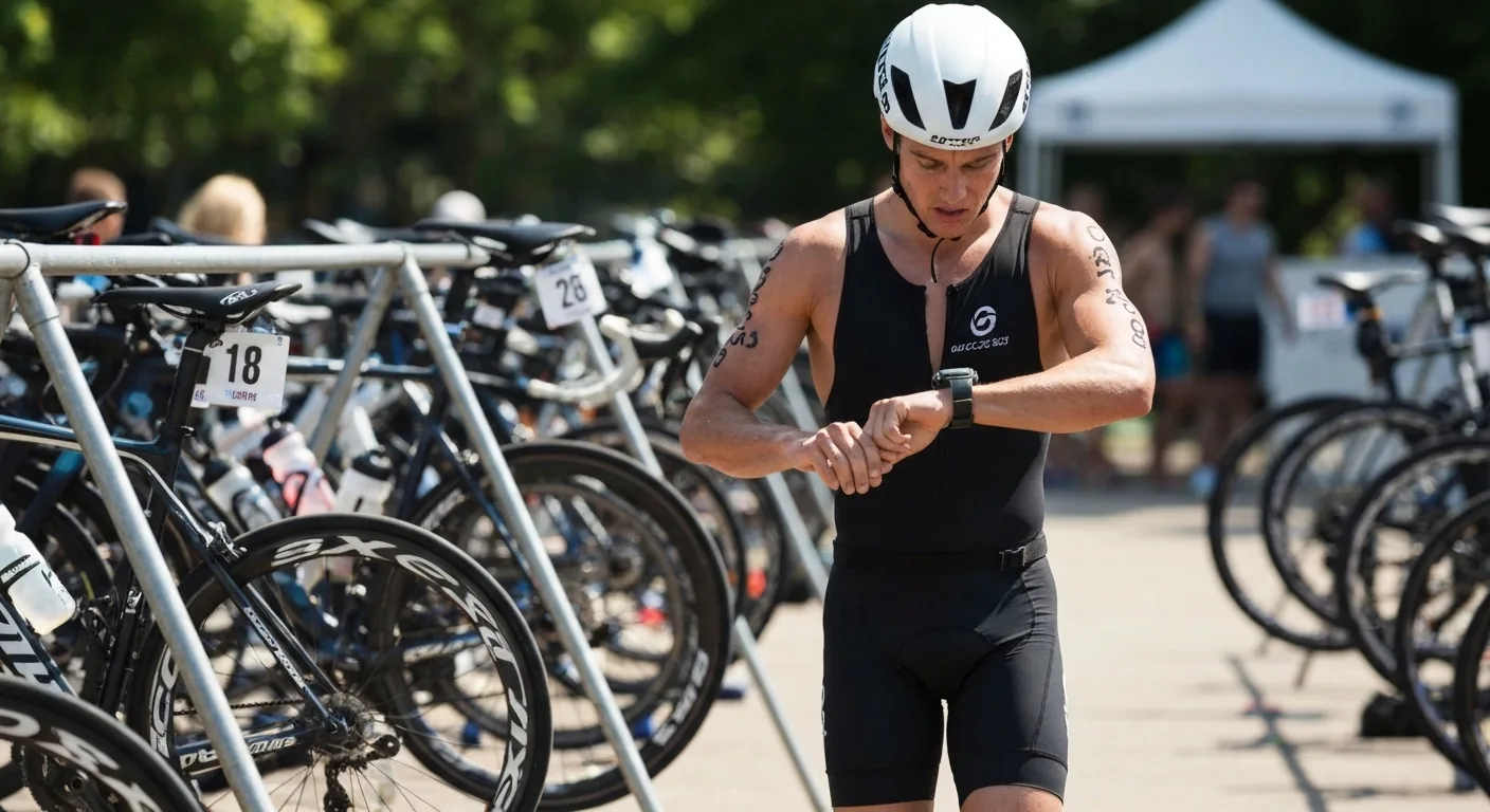 Triathlète masculin en trifonction appuyant sur la molette de sa montre GPS dans la zone de transition vélo