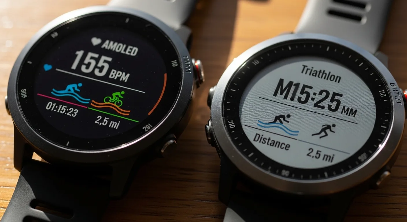 Deux montres GPS de triathlon côte à côte montrant leurs écrans AMOLED et MIP en lumière naturelle