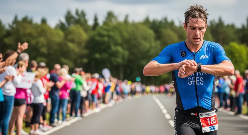 Triathlète consultant sa montre GPS Coros ou Garmin pendant le segment course à pied d'un triathlon