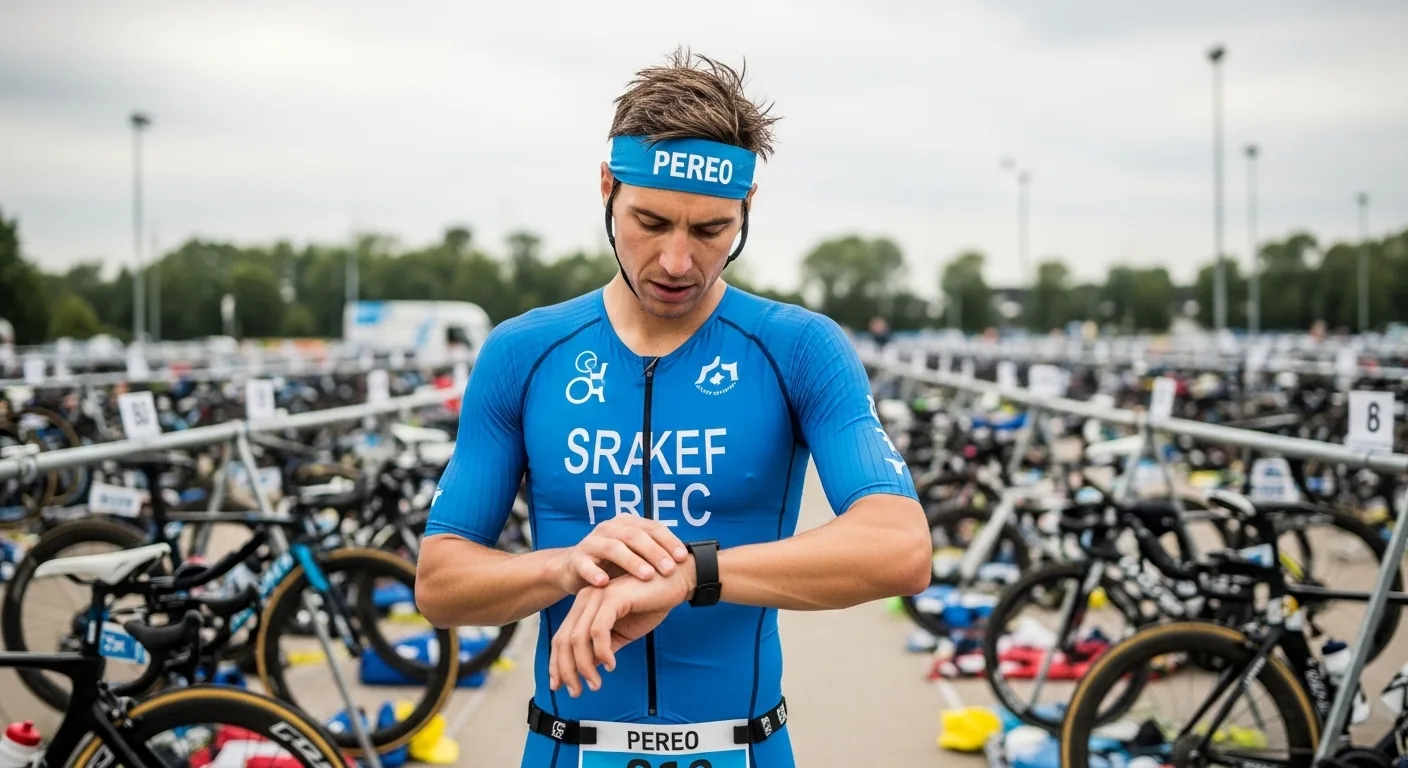 Triathlète en zone de transition vérifiant sa montre GPS avant de prendre son vélo pour le segment cycliste