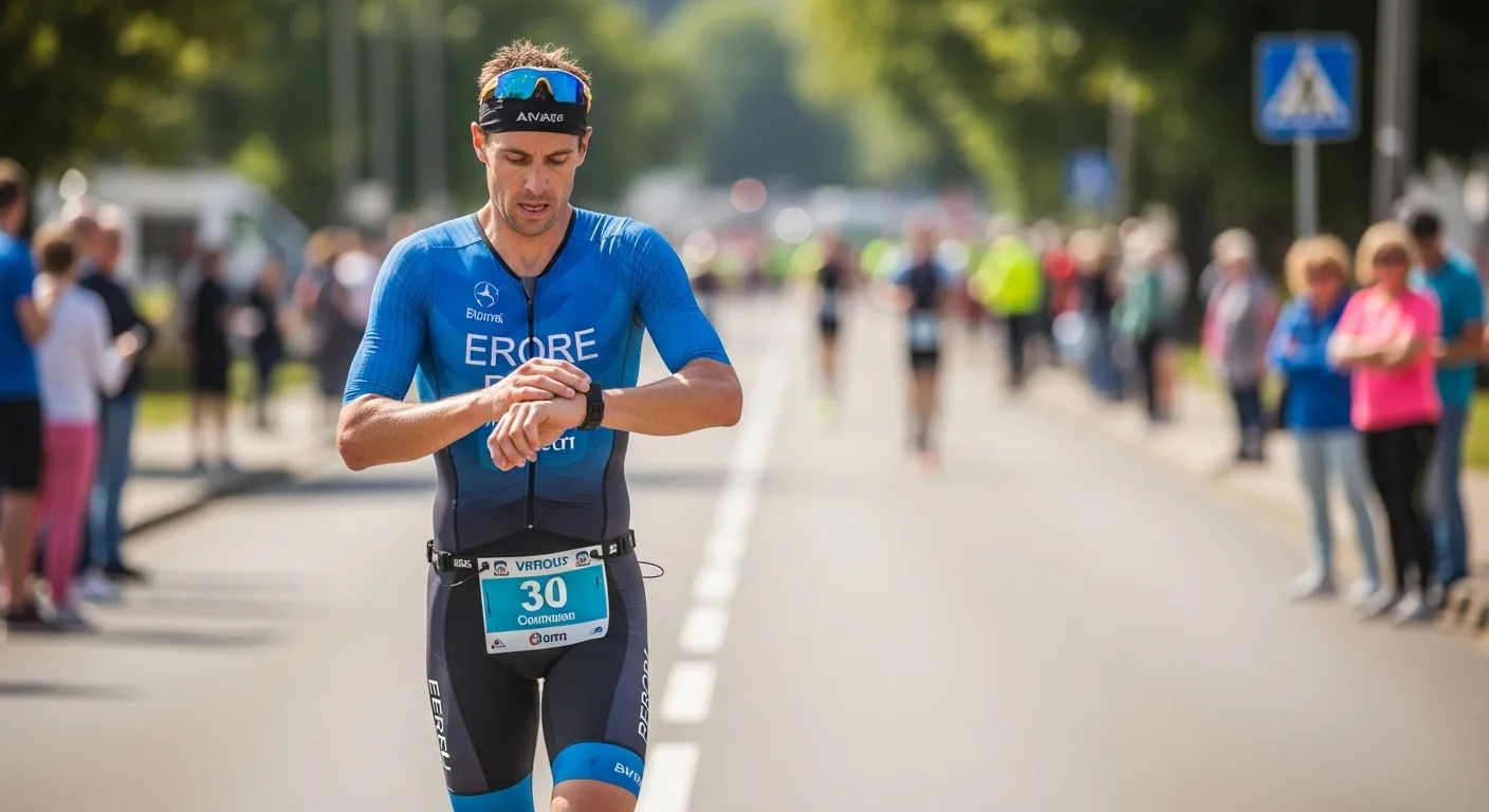 Triathlète masculin consultant sa montre GPS pendant le segment course à pied d'un triathlon en plein air