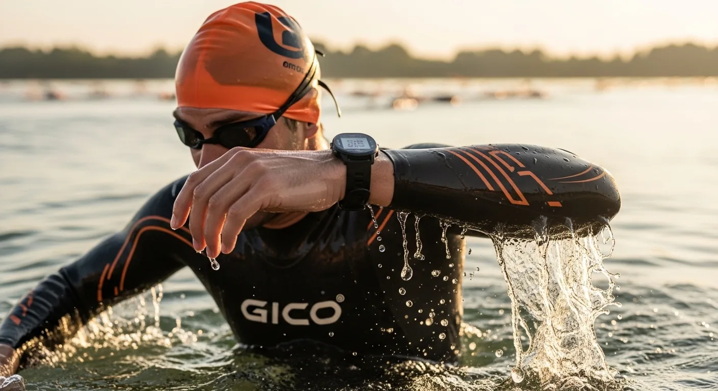 Triathlète sortant de l'eau lors d'une natation en eau libre avec une montre GPS bien visible au poignet