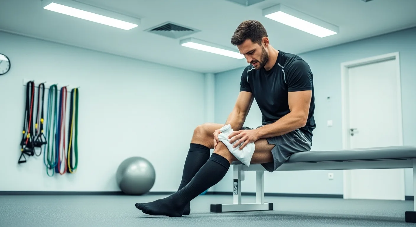 Athlète masculin en salle de kiné appliquant un glaçon enveloppé sur la face interne de son tibia