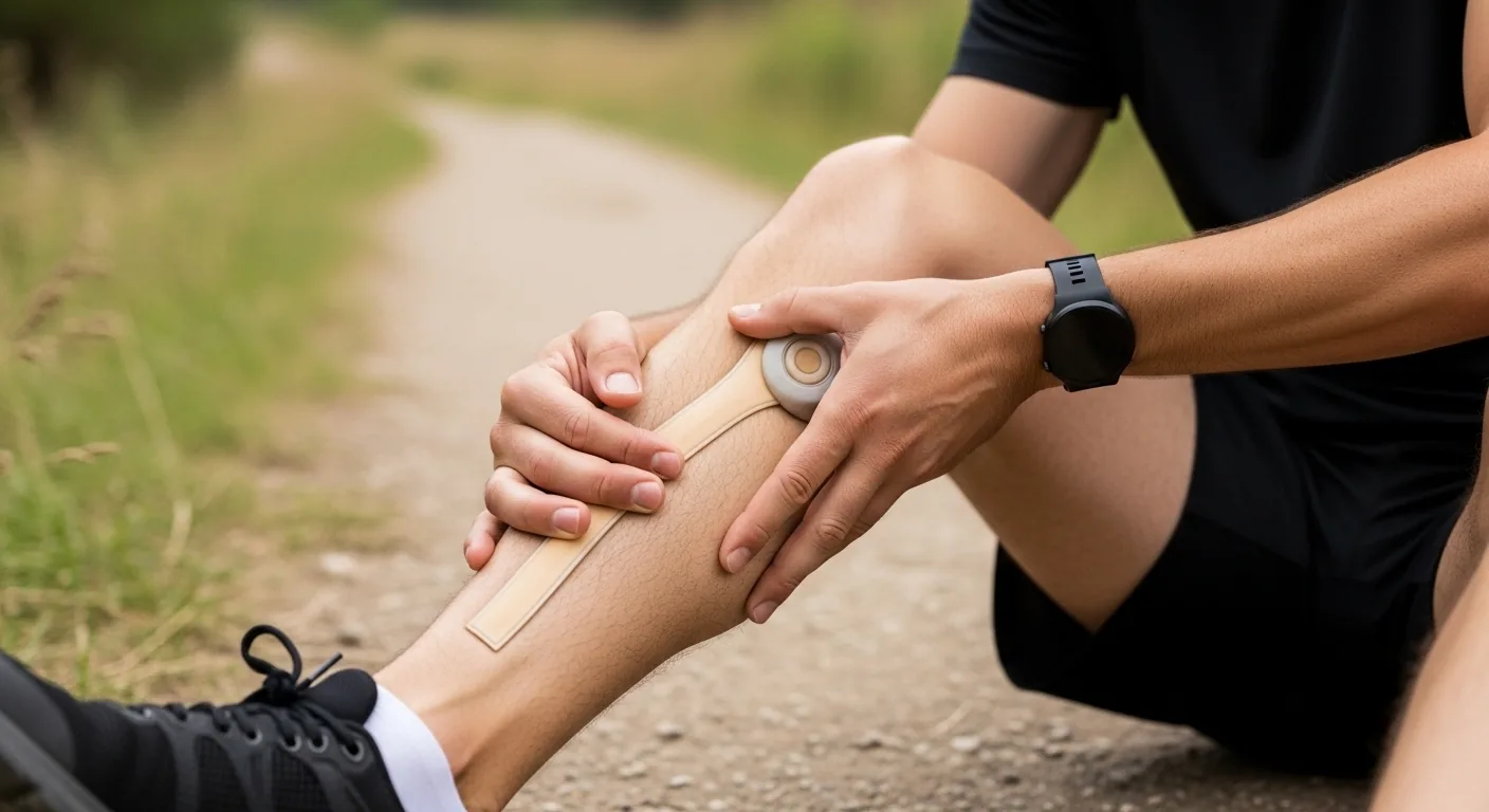 Coureur assis sur un sentier de trail qui palpe la face interne de son tibia avec une grimace de douleur