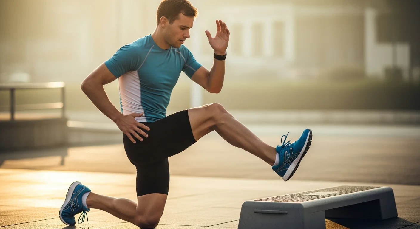 Triathlète masculin réalisant des élévations de talon unilatérales sur une marche lors d'une séance de renforcement matinale