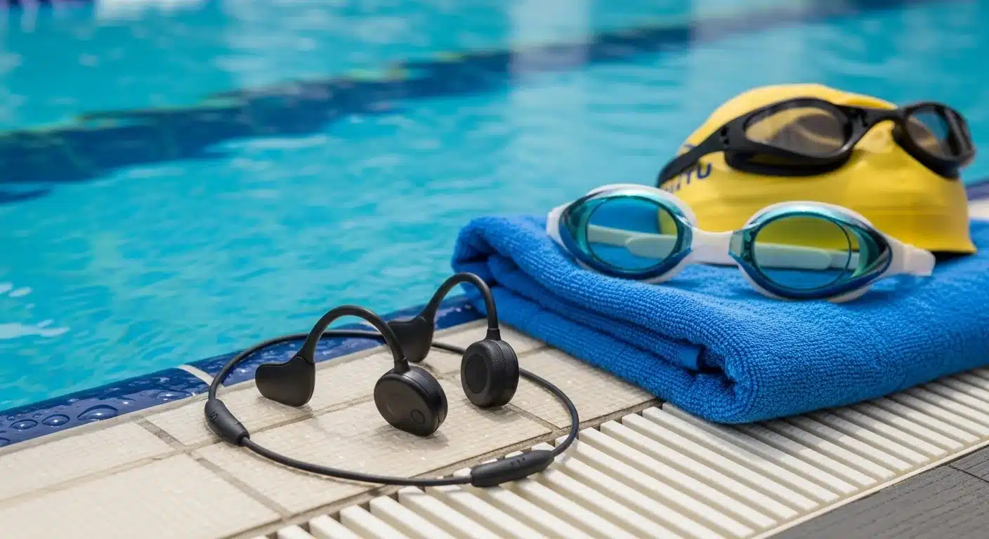 Écouteurs de natation et lunettes de piscine posés sur le bord du bassin après une séance d'entraînement