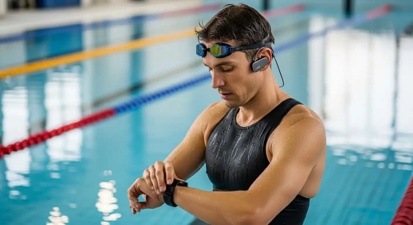 Triathlète au bord du bassin après une séance de natation avec écouteurs à conduction osseuse et montre GPS