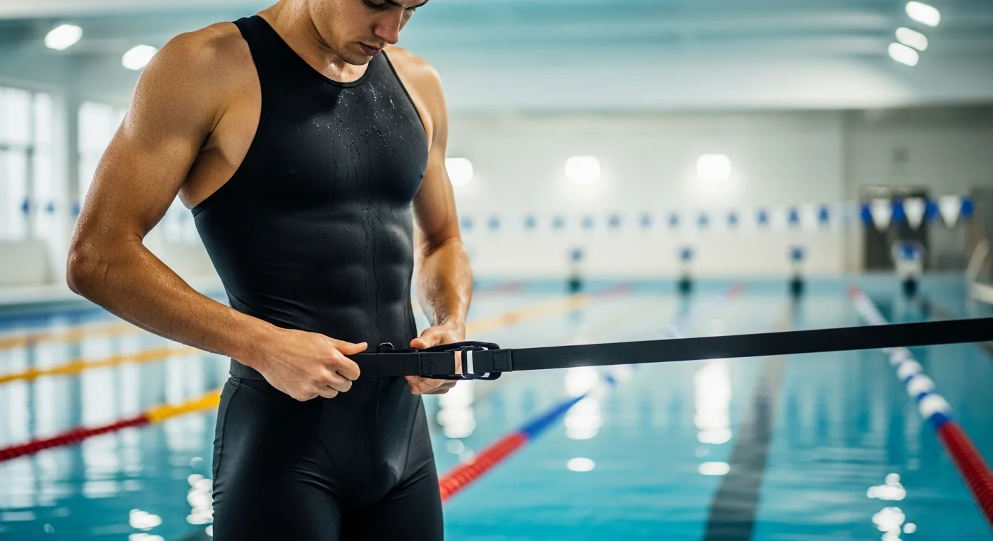 Triathlète attachant un élastique de natation autour de sa taille au bord de la piscine intérieure