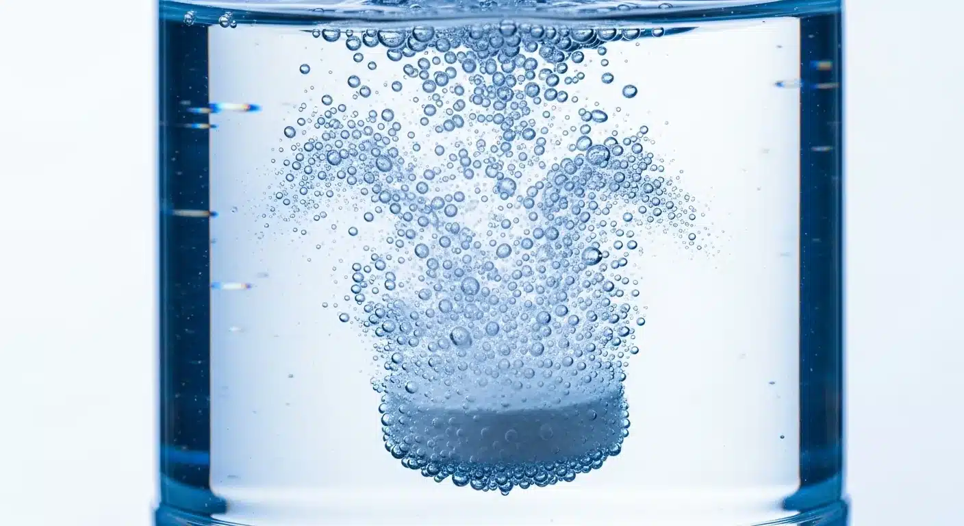 Pastille effervescente d'électrolytes se dissolvant dans une gourde transparente avec des bulles