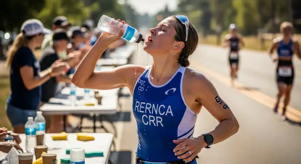 Triathlète femme s'hydratant à un ravitaillement lors d'une course à pied par forte chaleur