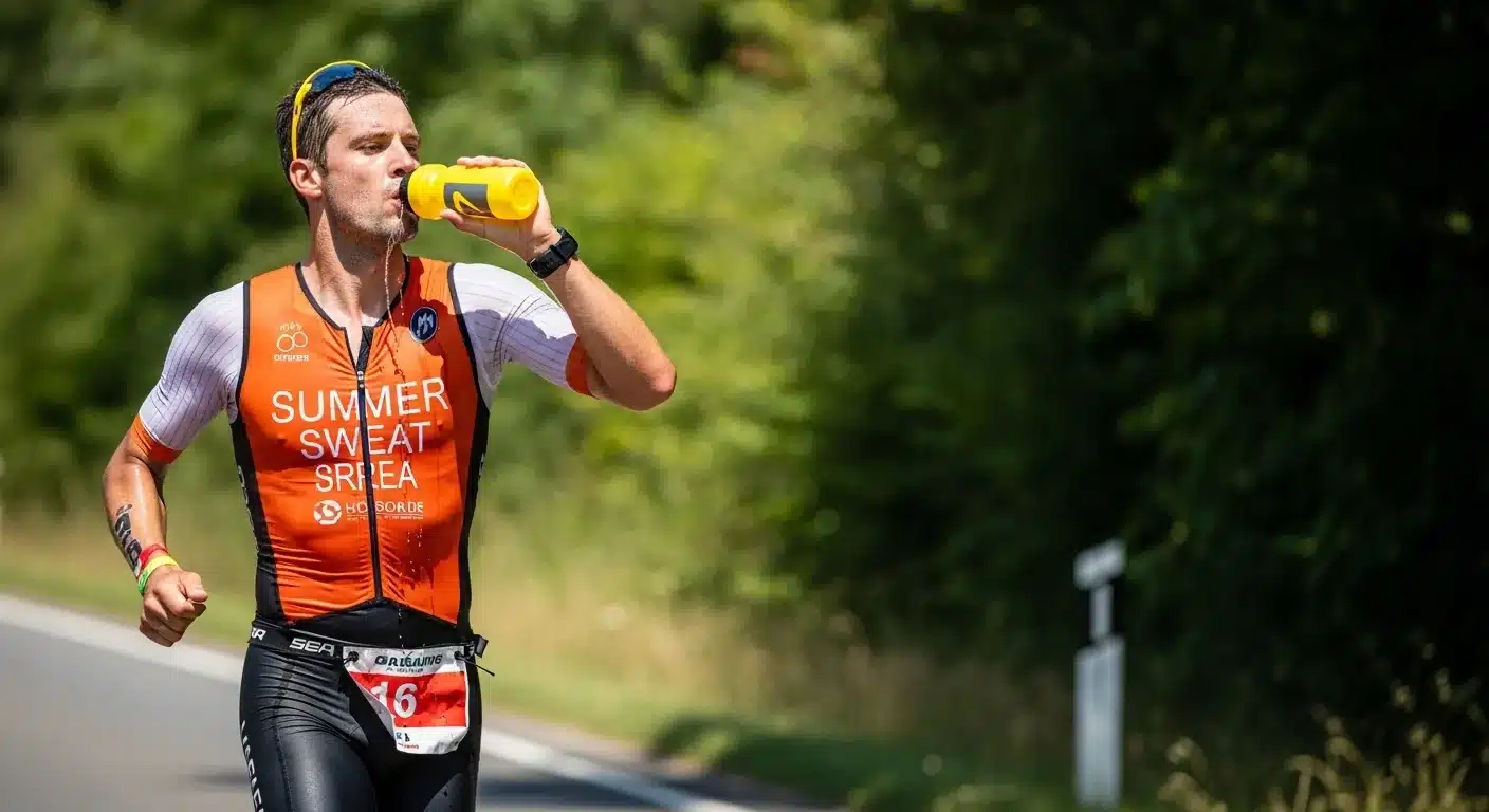Triathlète en tenue orange buvant à sa gourde lors d'une course à pied sous forte chaleur