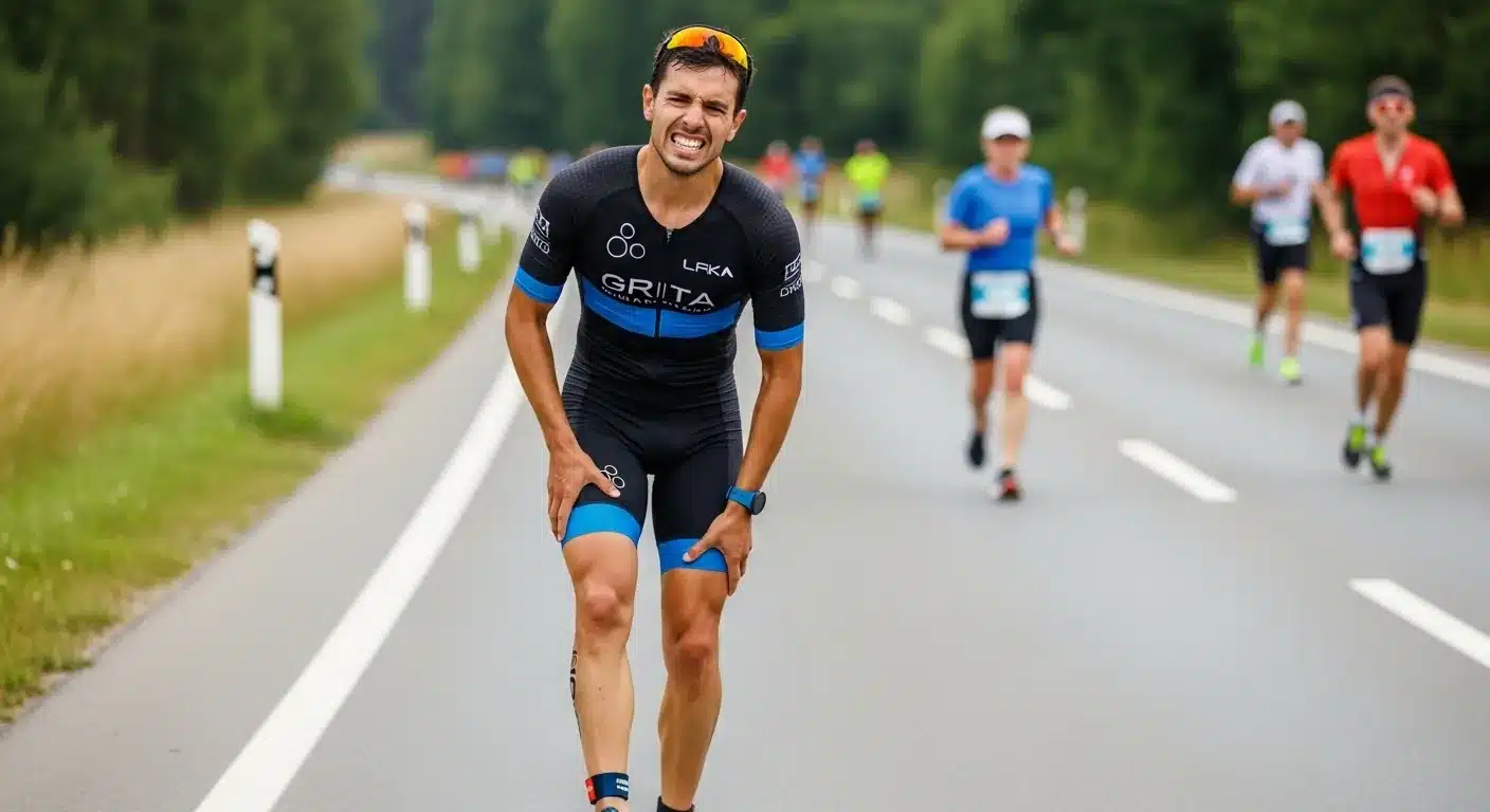 Triathlète s'arrêtant sur le bord de la route en saisissant son mollet crampe lors d'une course