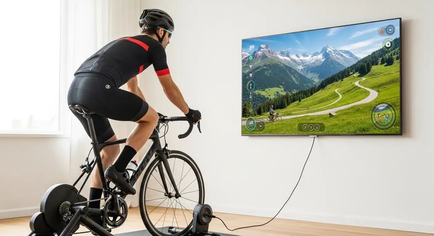 Cycliste pédalant sur home trainer connecté dans un salon lumineux avec application de cyclisme virtuel sur grand écran