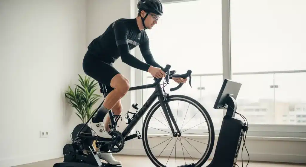 Cycliste installant son vélo sur un home trainer à entraînement direct dans un appartement lumineux