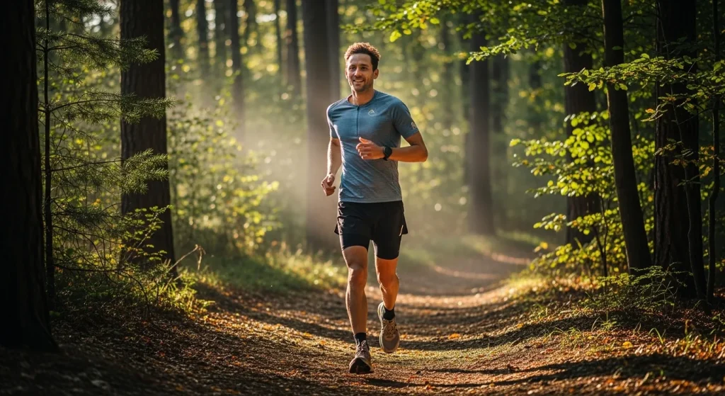 Triathlète masculin courant à allure d'endurance fondamentale sur un chemin forestier au petit matin