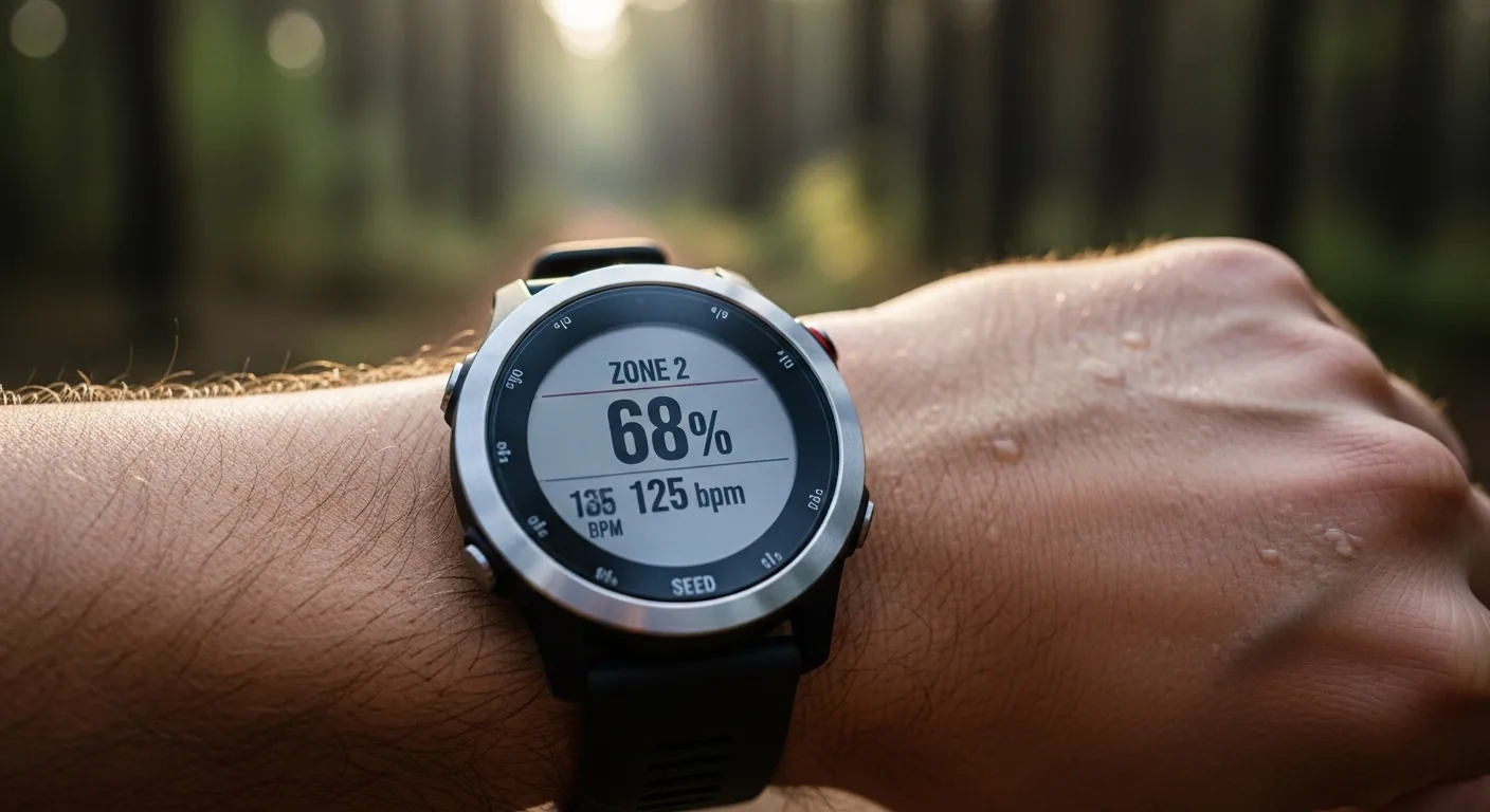 Montre GPS au poignet d'un coureur affichant la zone cardiaque 2 à 68 % de la FCmax pendant un footing