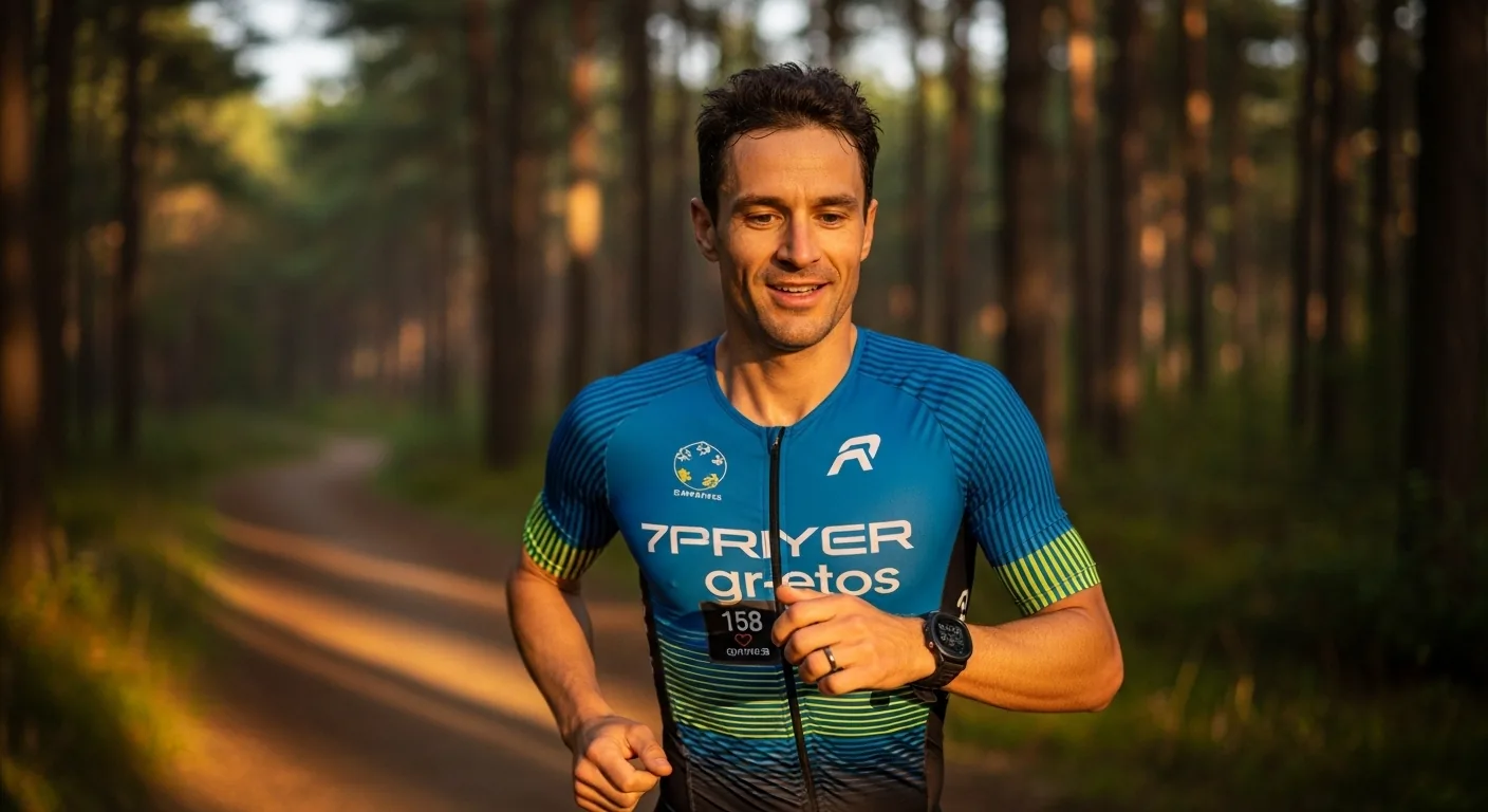 Triathlète masculin courant à allure détendue sur sentier forestier au lever du soleil avec montre GPS