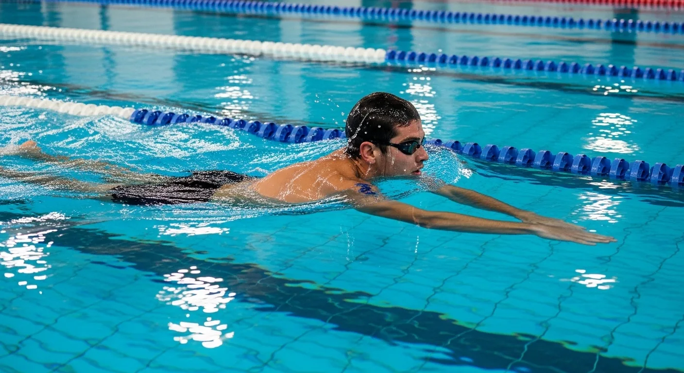 Triathlète nageant le crawl à allure fondamentale dans un bassin intérieur avec expression détendue