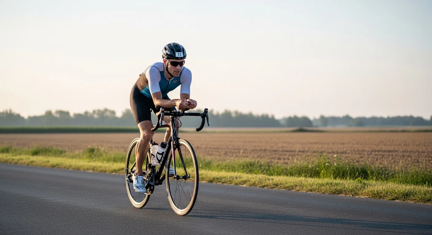Triathlète pédalant seul à allure fondamentale sur route de campagne au petit matin en position détendue