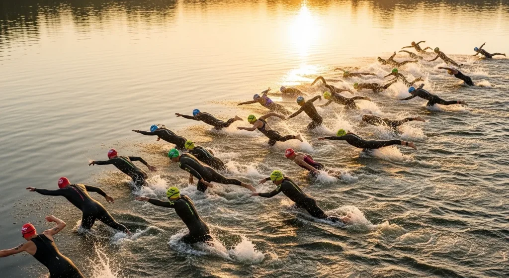 Groupe de triathlètes en combinaison nageant le crawl lors d'un départ en masse en eau libre pendant une course triathlon