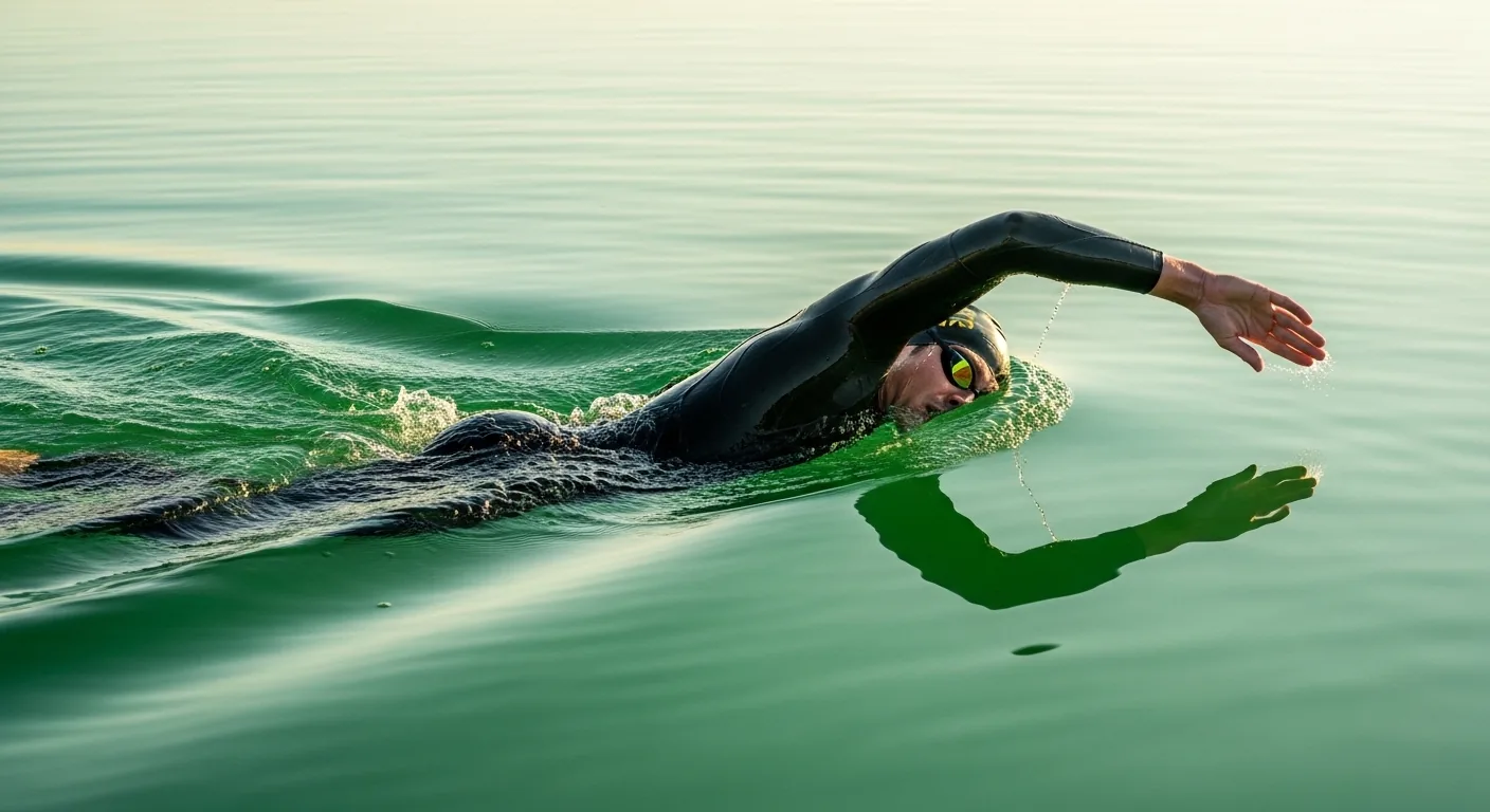 Triathlète en combinaison néoprène montrant une rotation correcte des épaules lors d'une nage crawl en eau libre