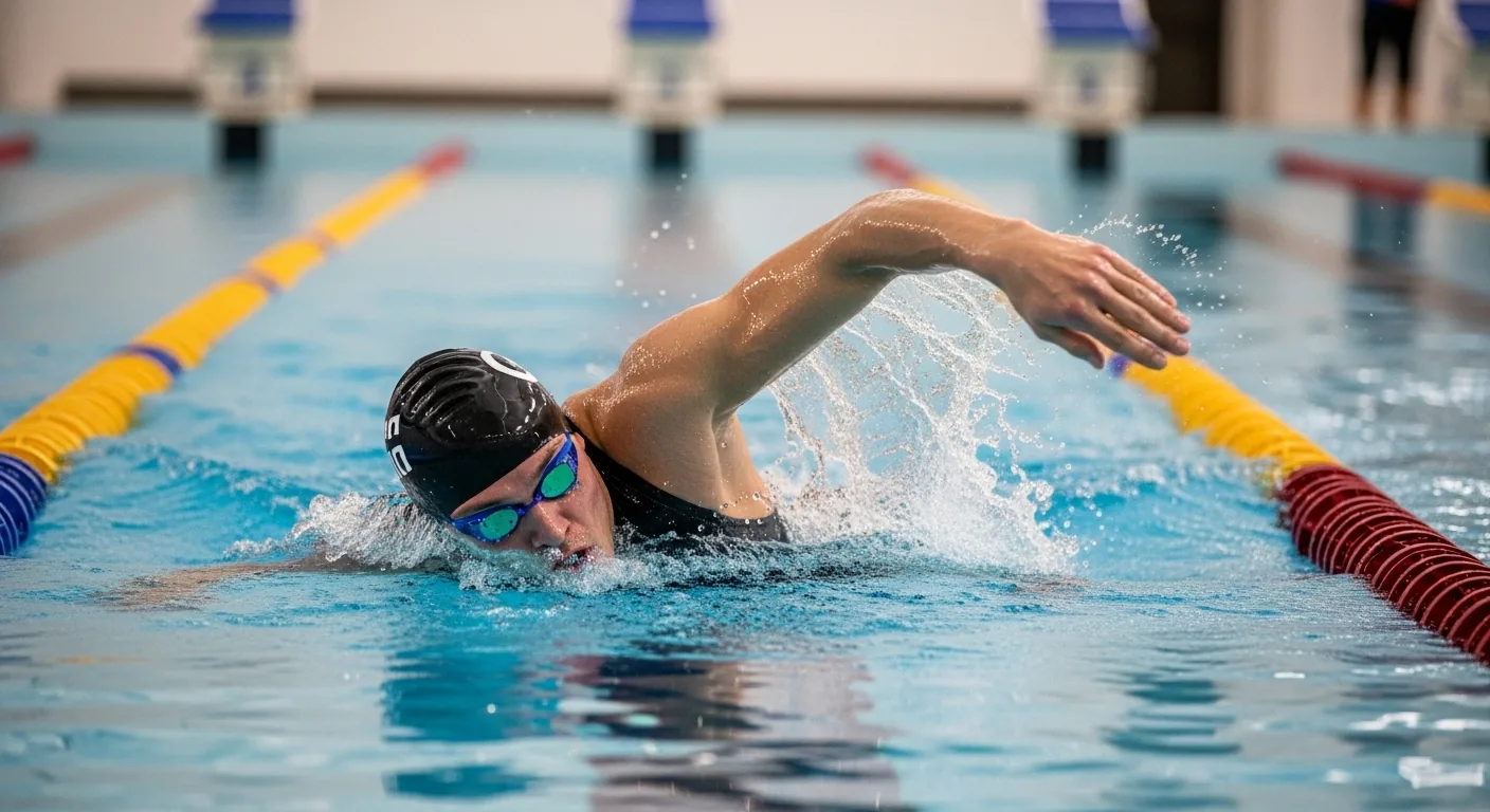 Triathlète nageant le crawl en piscine avec une technique de bras étendu lors d'un entraînement natation triathlon