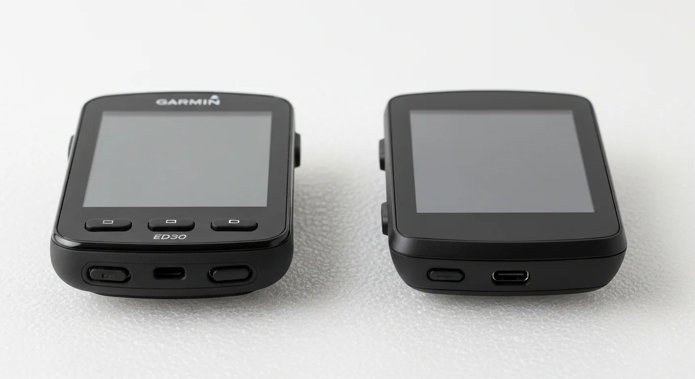 Comparaison côte à côte de deux compteurs GPS Garmin Edge sur fond blanc montrant leurs différences de design