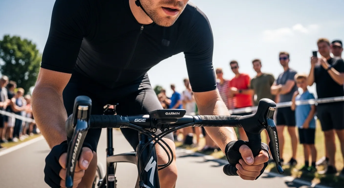 Cycliste sur vélo de route avec compteur GPS Garmin Edge monté sur le guidon lors d'une course
