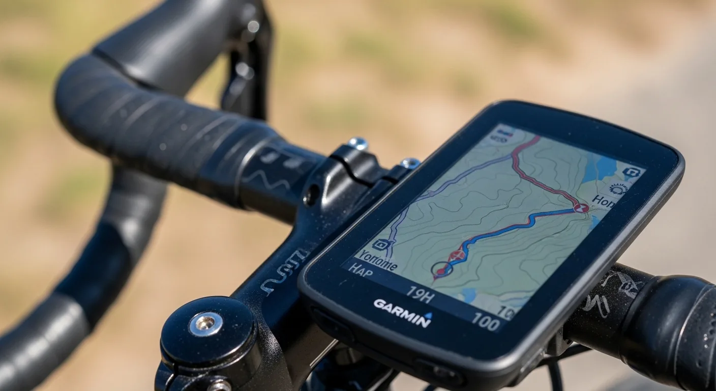 Écran du Garmin Edge GPS affichant une carte topographique avec un itinéraire tracé sur le guidon d'un vélo de route
