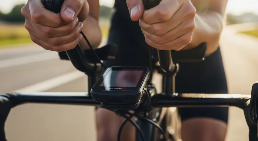Compteur GPS Garmin Edge 830 monté sur le guidon d'un vélo de triathlon lors d'une course