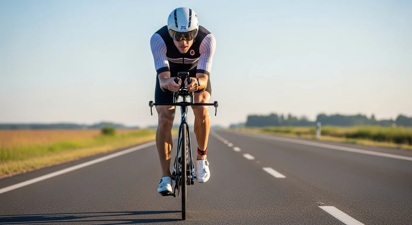 Triathlète en position aéro sur vélo de contre-la-montre avec GPS Garmin visible sur le guidon lors d'un Ironman