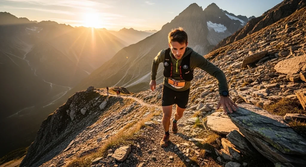 Traileur masculin sur sentier de montagne rocheux avec montre GPS Garmin au poignet, paysage alpin en arrière-plan au coucher du soleil