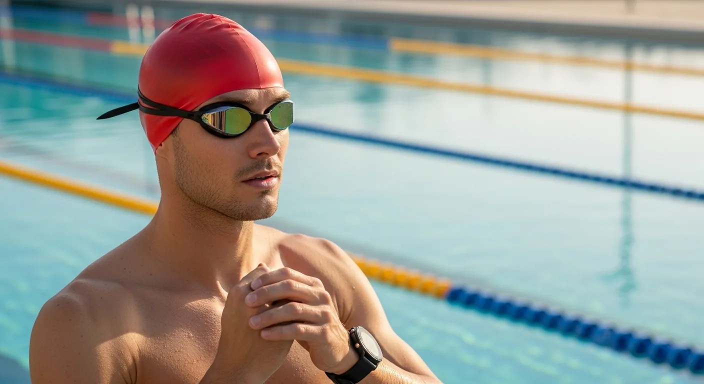 Triathlète équipé d'une montre GPS et de lunettes de natation au bord d'une piscine extérieure avant le départ d'un triathlon