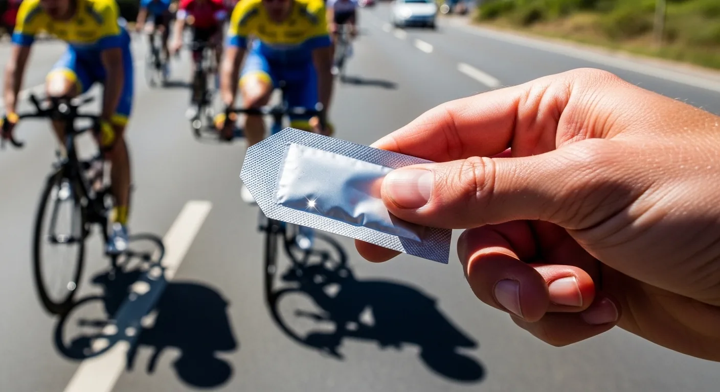 Main de triathlète tenant un petit sachet de gel énergétique isotonique pendant la section vélo d'un triathlon